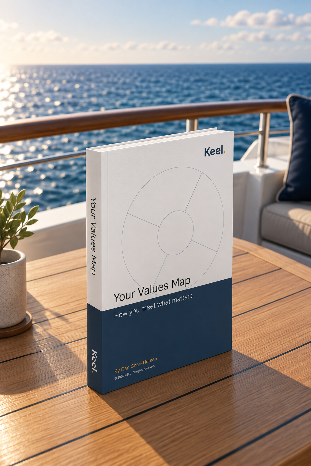 Your Values Map book displayed on a boat overlooking the water